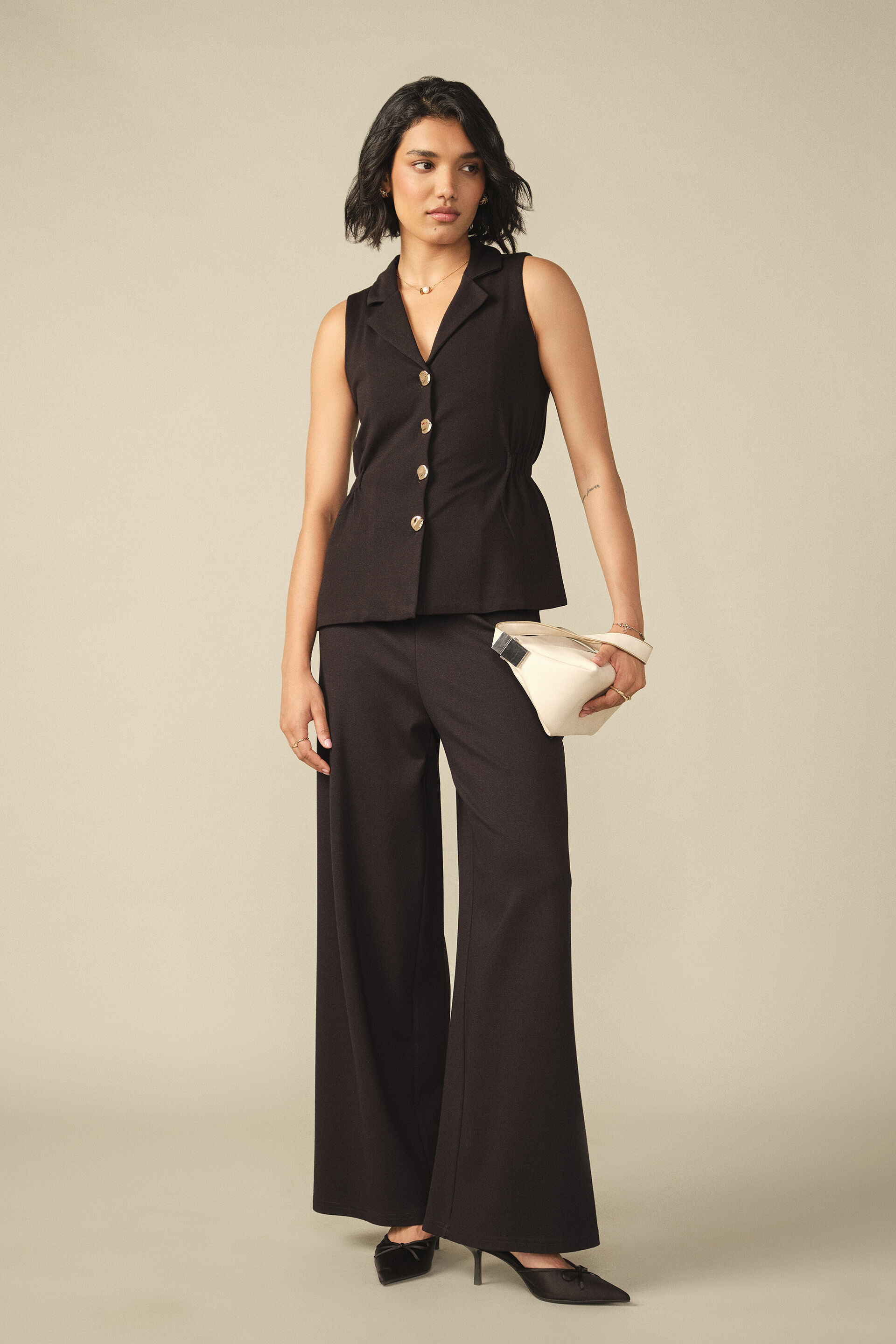 Sleeveless V-Neck Jacket in Black, Black, image 2